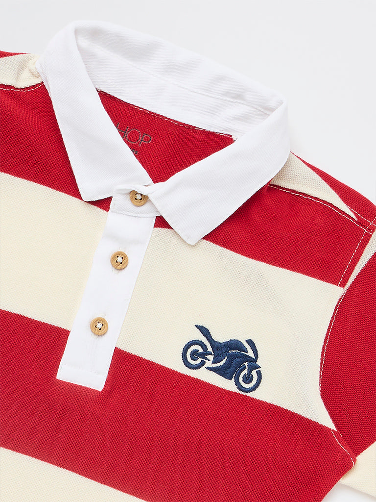HOP Kids Boys Red Striped Cotton Polo T-Shirt