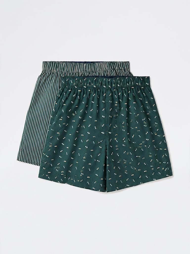WES Lounge Green Printed Relaxed-Fit Mid-Rise Boxers - Pack of 2