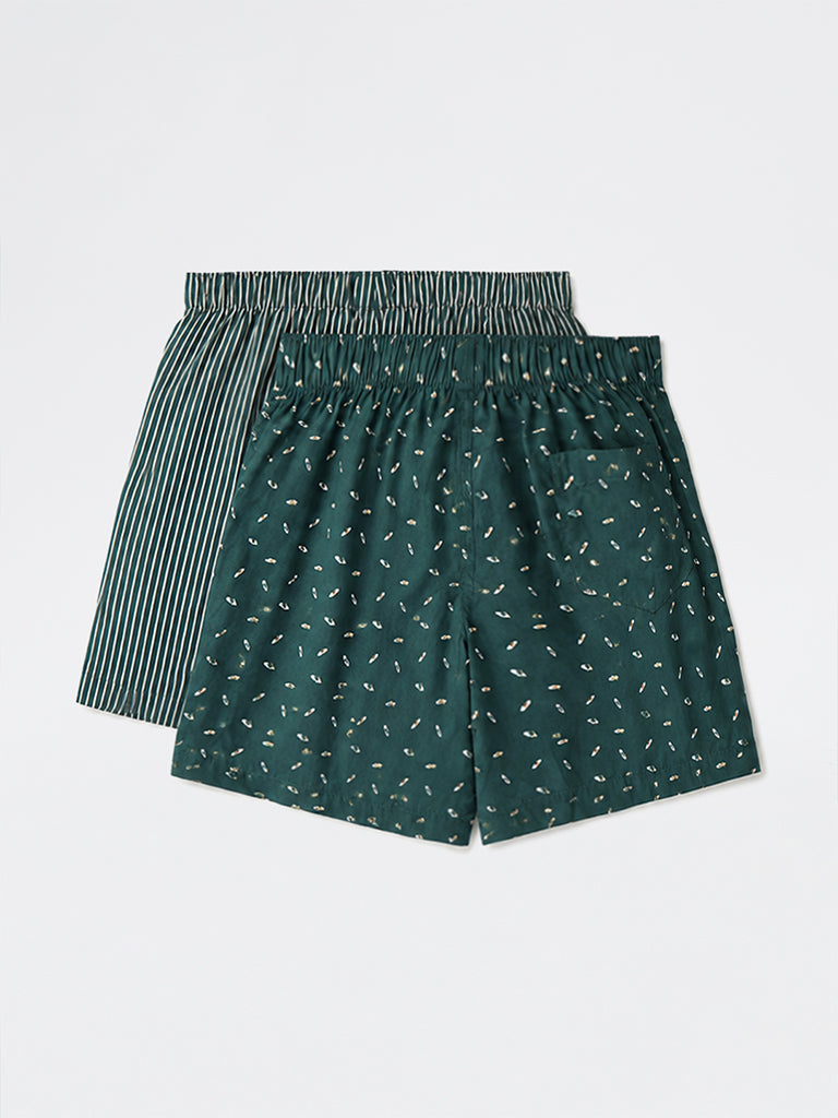 WES Lounge Green Printed Relaxed-Fit Mid-Rise Boxers - Pack of 2