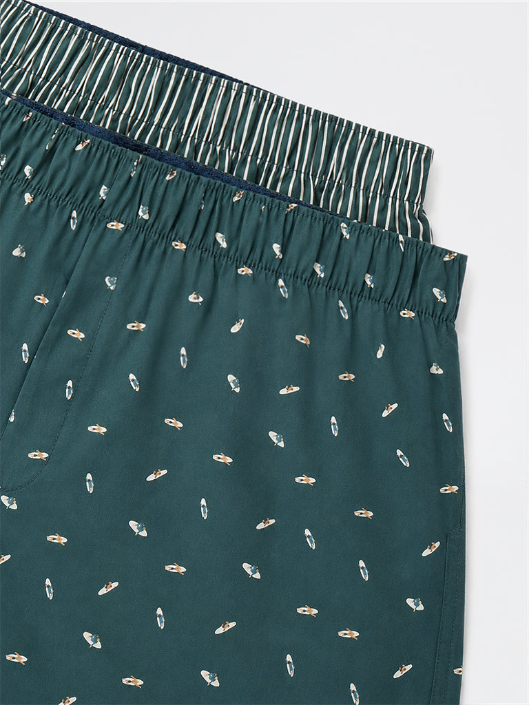 WES Lounge Green Printed Relaxed-Fit Mid-Rise Boxers - Pack of 2
