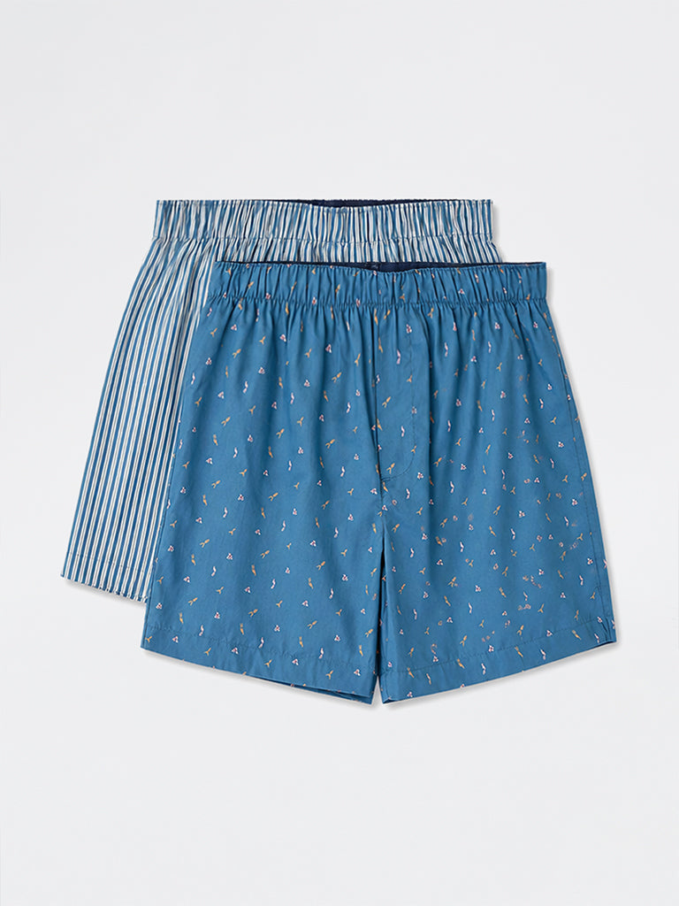 WES Lounge Blue Printed Relaxed-Fit Mid-Rise Boxers - Pack of 2