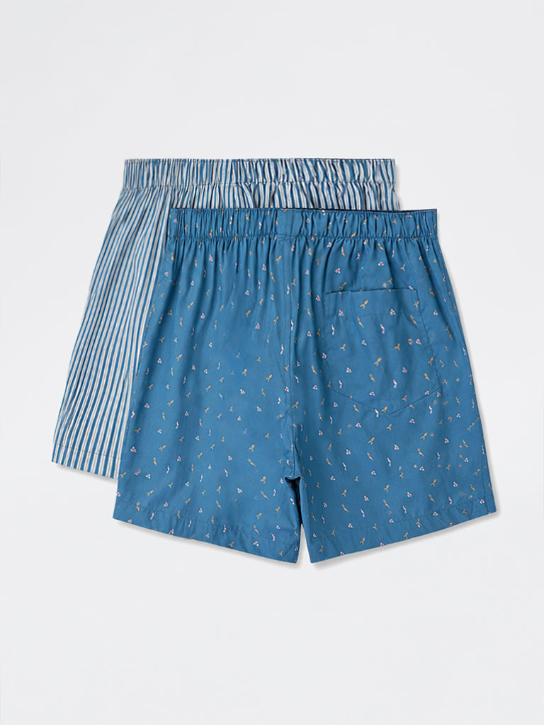 WES Lounge Blue Printed Relaxed-Fit Mid-Rise Boxers - Pack of 2