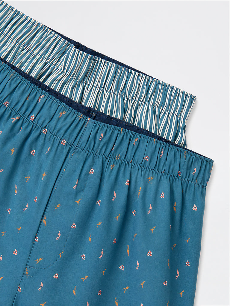 WES Lounge Blue Printed Relaxed-Fit Mid-Rise Boxers - Pack of 2
