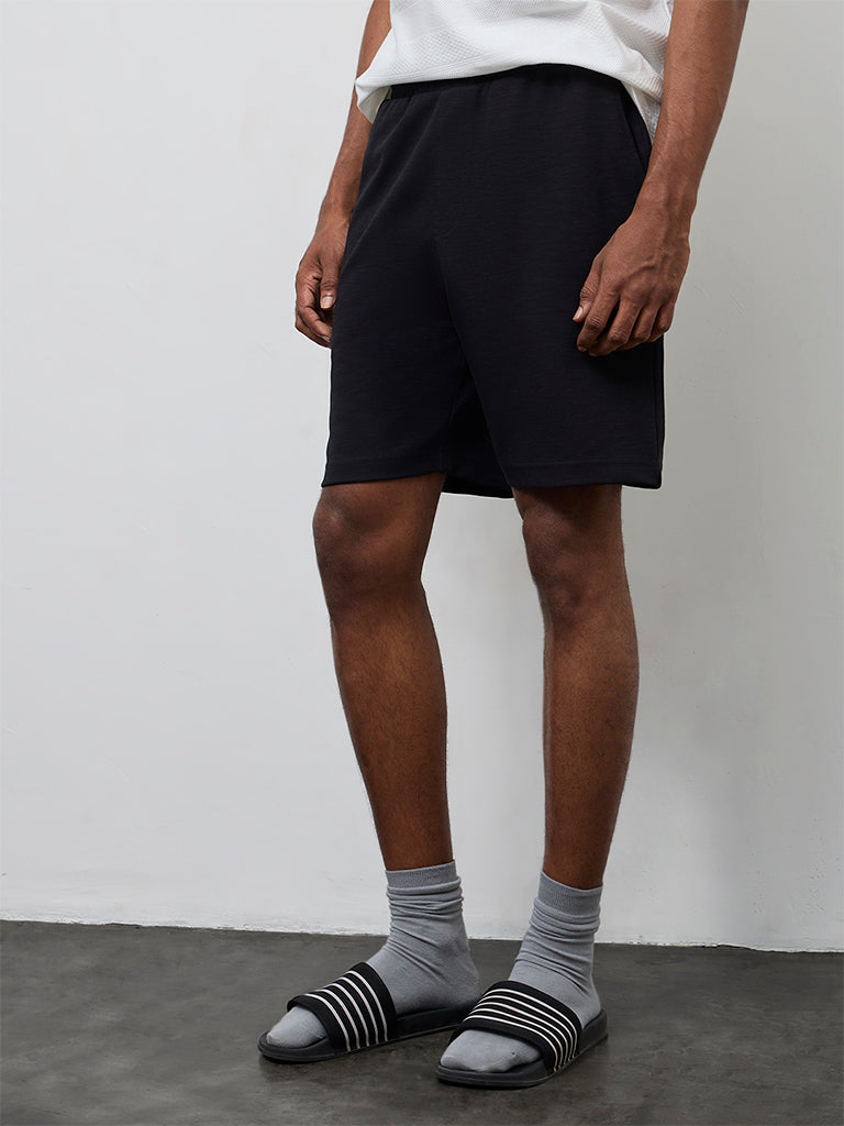 WES Lounge Black Relaxed-Fit Mid-Rise Cotton-Blend Shorts