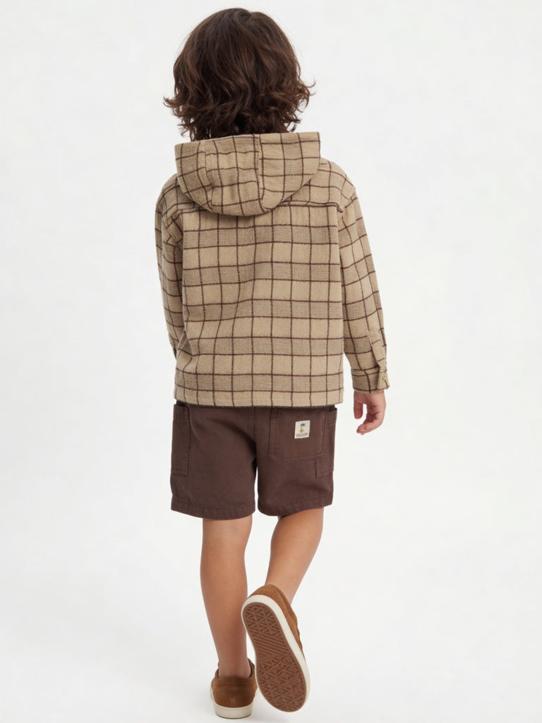 HOP Kids Boys Taupe Checkered Hooded Cotton Shirt