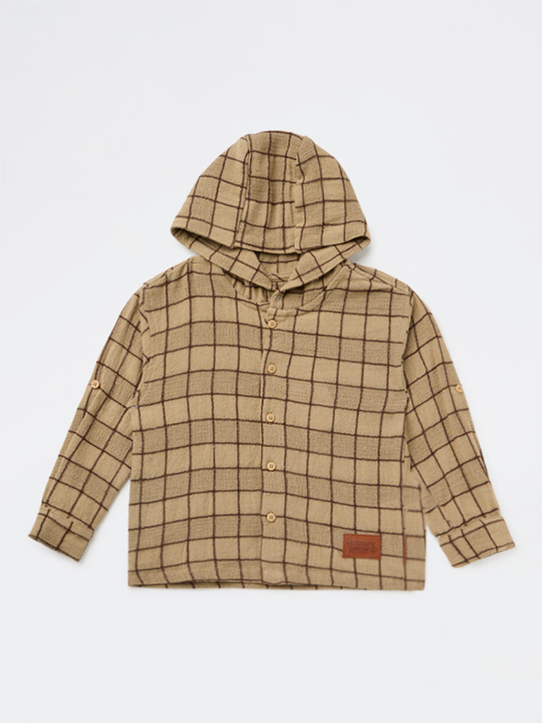 HOP Kids Boys Taupe Checkered Hooded Cotton Shirt