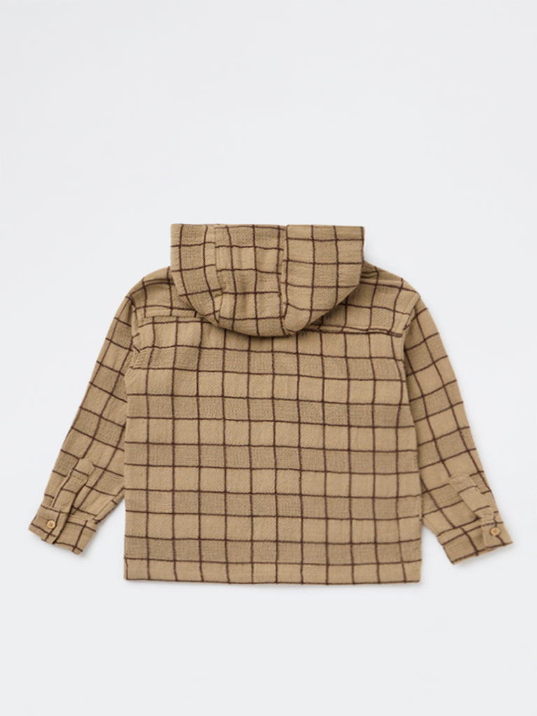 HOP Kids Boys Taupe Checkered Hooded Cotton Shirt