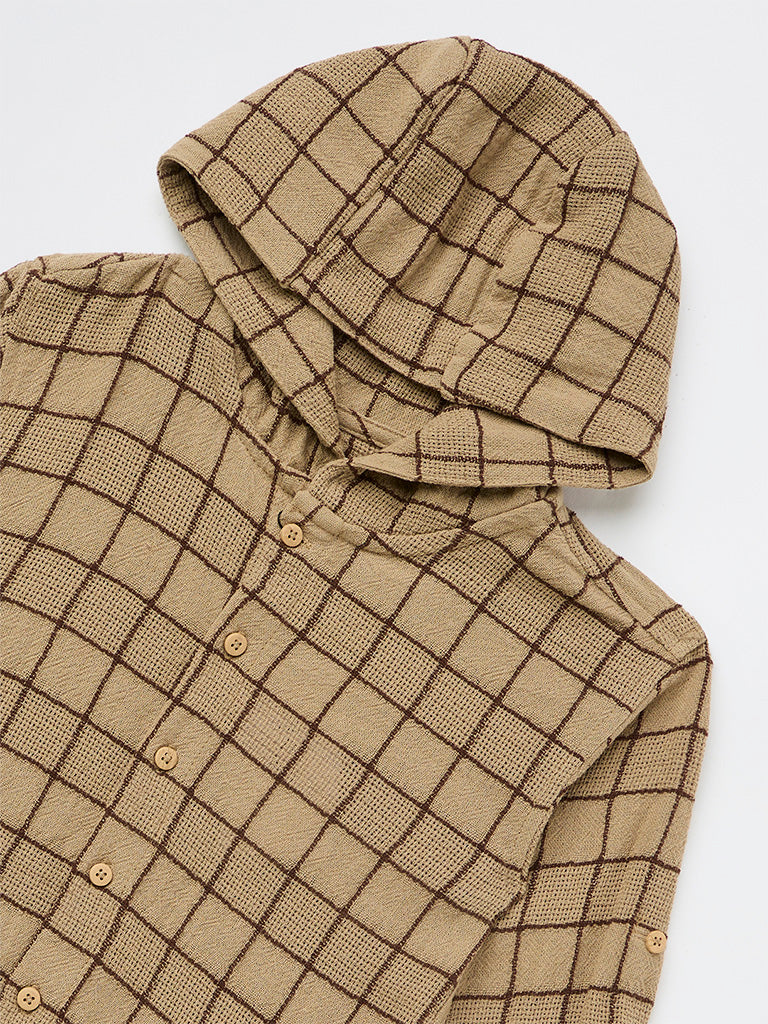 HOP Kids Boys Taupe Checkered Hooded Cotton Shirt