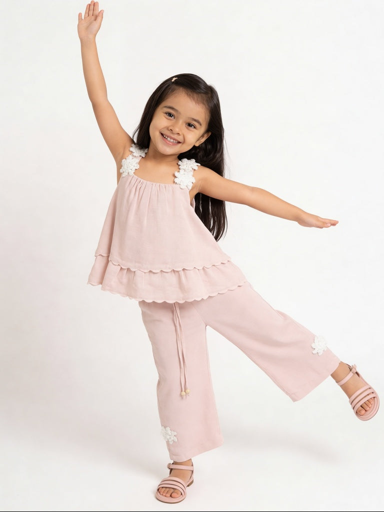 HOP Kids Girls Pink Floral Detailed High-Rise Trousers
