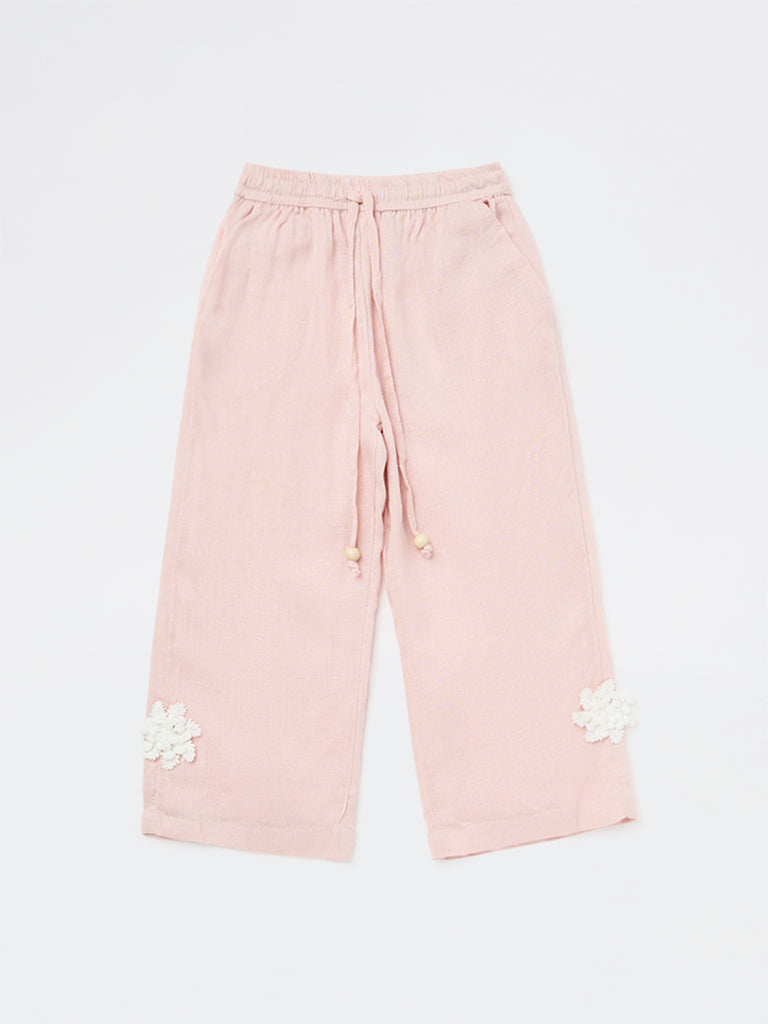 HOP Kids Girls Pink Floral Detailed High-Rise Trousers