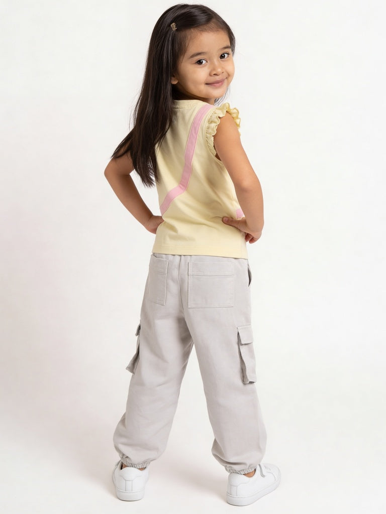 HOP Kids Girls Beige Floral Embroidered Cargo Trousers