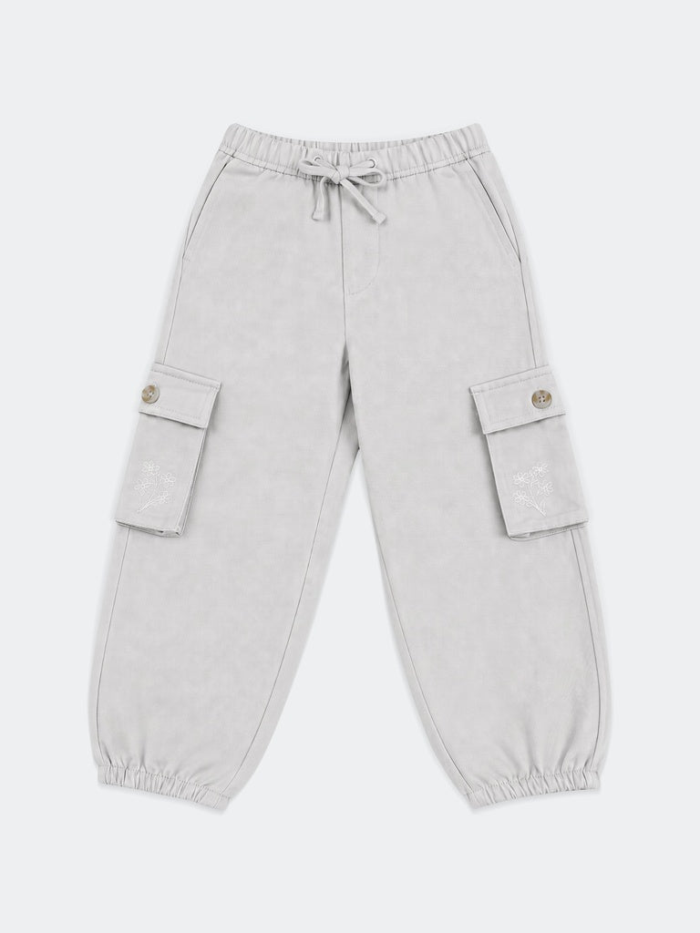 HOP Kids Girls Beige Floral Embroidered Cargo Trousers
