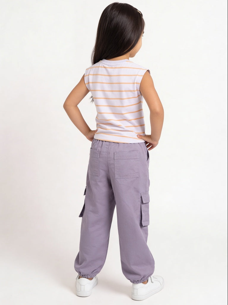 HOP Kids Girls Purple Embroidered Cargo Pocket Trousers