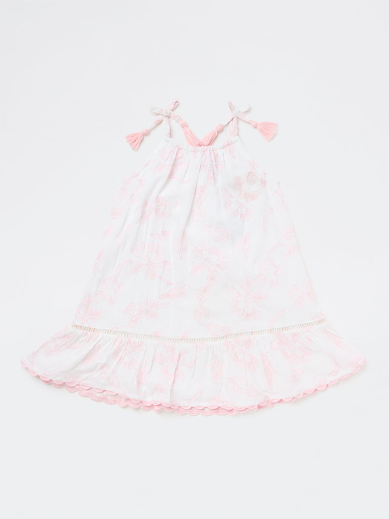 HOP Kids Girls White Floral Embroidered A-Line Dress