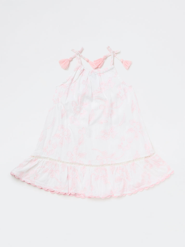 HOP Kids Girls White Floral Embroidered A-Line Dress