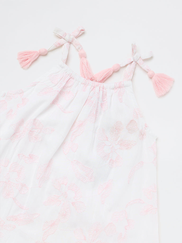 HOP Kids Girls White Floral Embroidered A-Line Dress