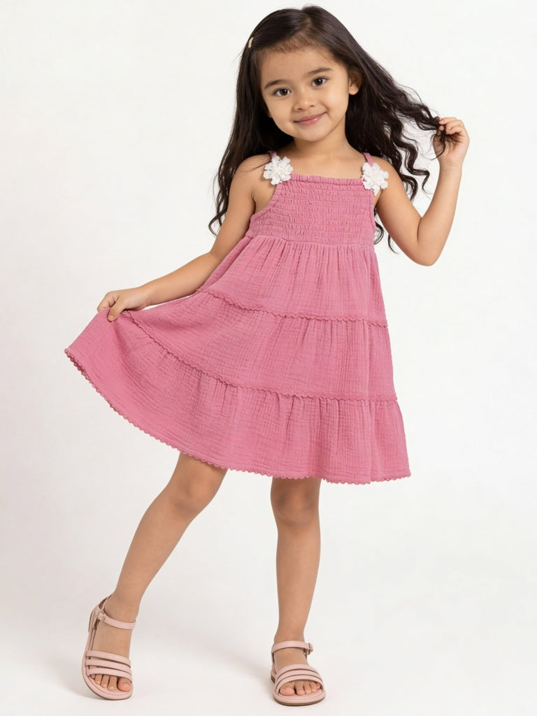 HOP Kids Girls Fuchsia Cotton Tiered Dress