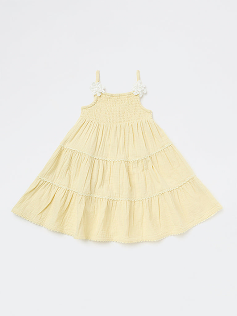 HOP Kids Girls Light Yellow Cotton Tiered Dress
