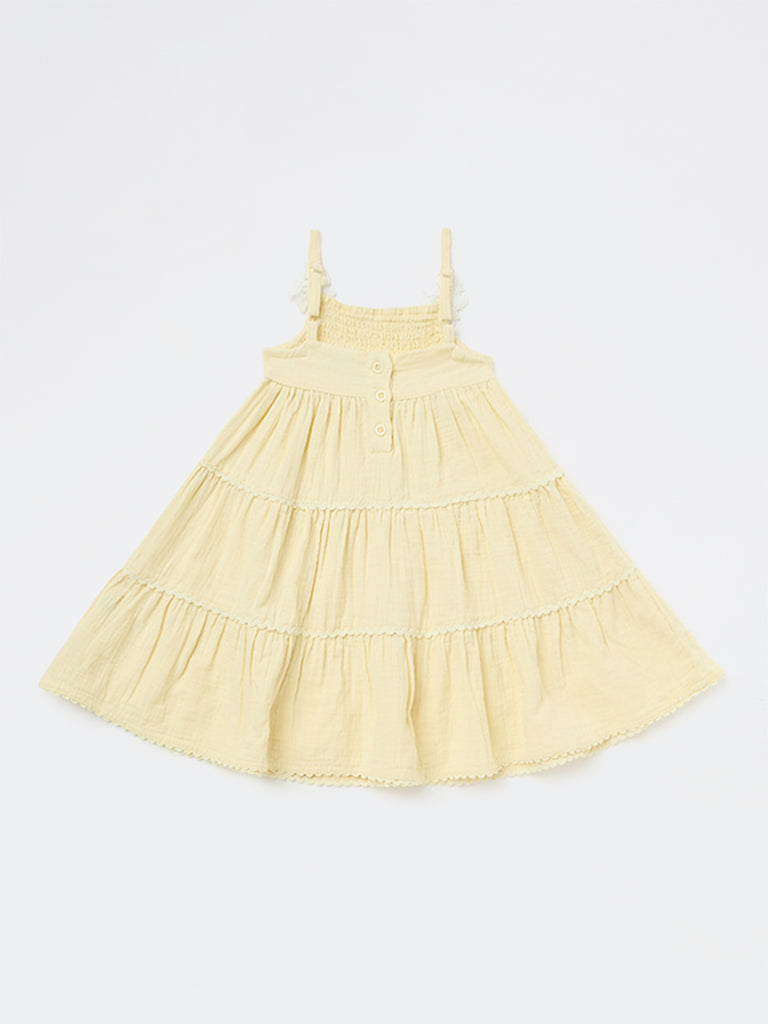 HOP Kids Girls Light Yellow Cotton Tiered Dress
