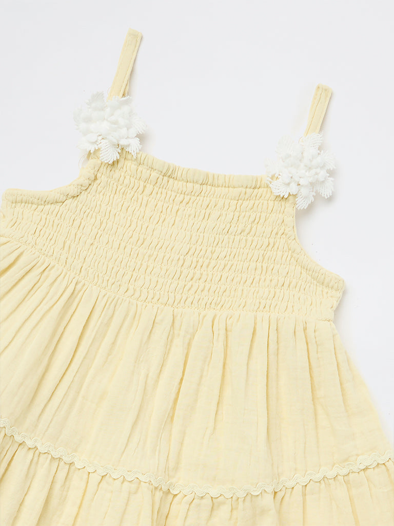 HOP Kids Girls Light Yellow Cotton Tiered Dress
