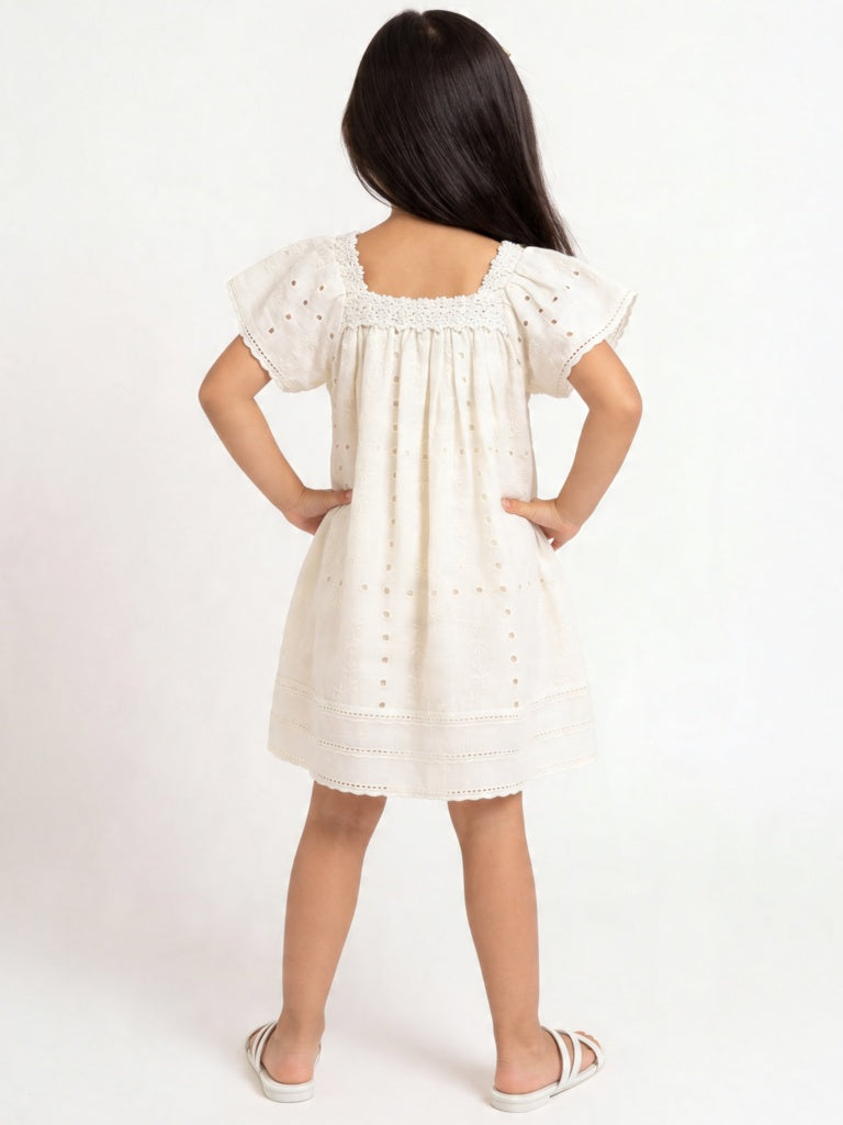 HOP Kids Girls Light Yellow Schiffli Design A-Line Dress