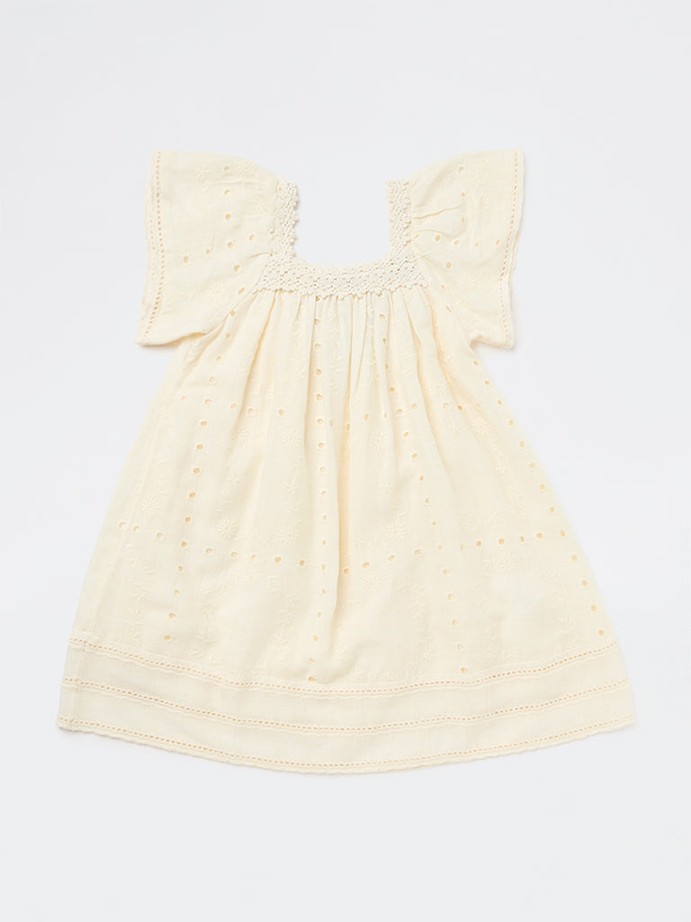 HOP Kids Girls Light Yellow Schiffli Design A-Line Dress