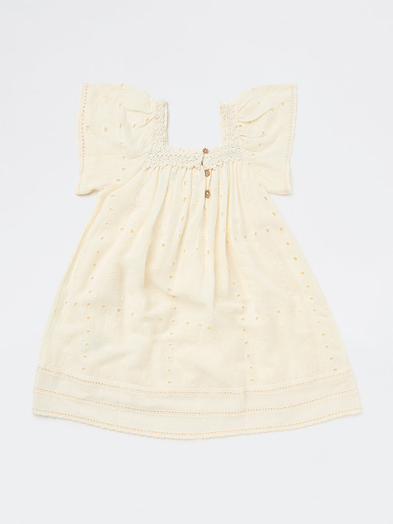 HOP Kids Girls Light Yellow Schiffli Design A-Line Dress