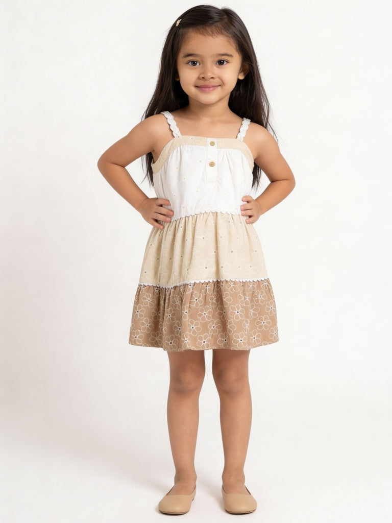 HOP Kids Girls Brown Schiffli Detailed Cotton Tiered Dress