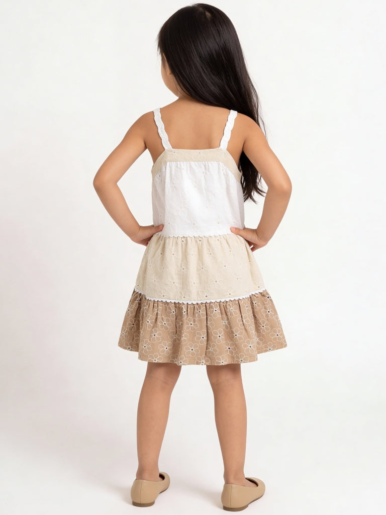 HOP Kids Girls Brown Schiffli Detailed Cotton Tiered Dress