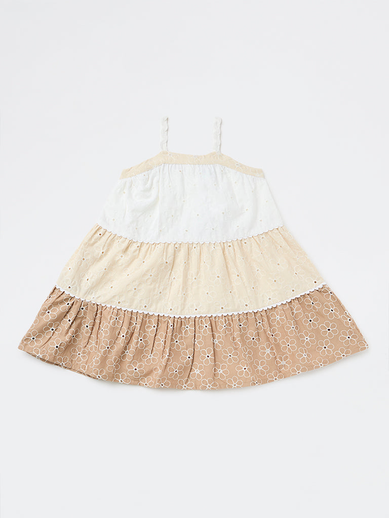 HOP Kids Girls Brown Schiffli Detailed Cotton Tiered Dress
