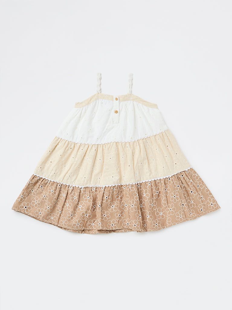 HOP Kids Girls Brown Schiffli Detailed Cotton Tiered Dress