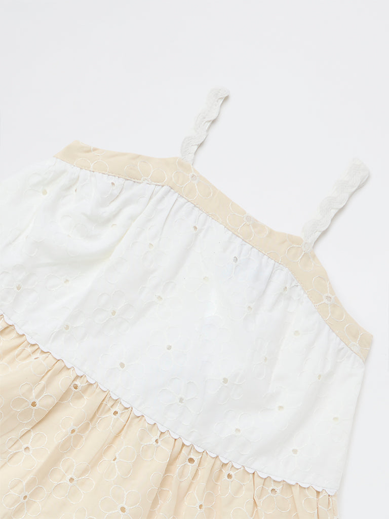 HOP Kids Girls Brown Schiffli Detailed Cotton Tiered Dress