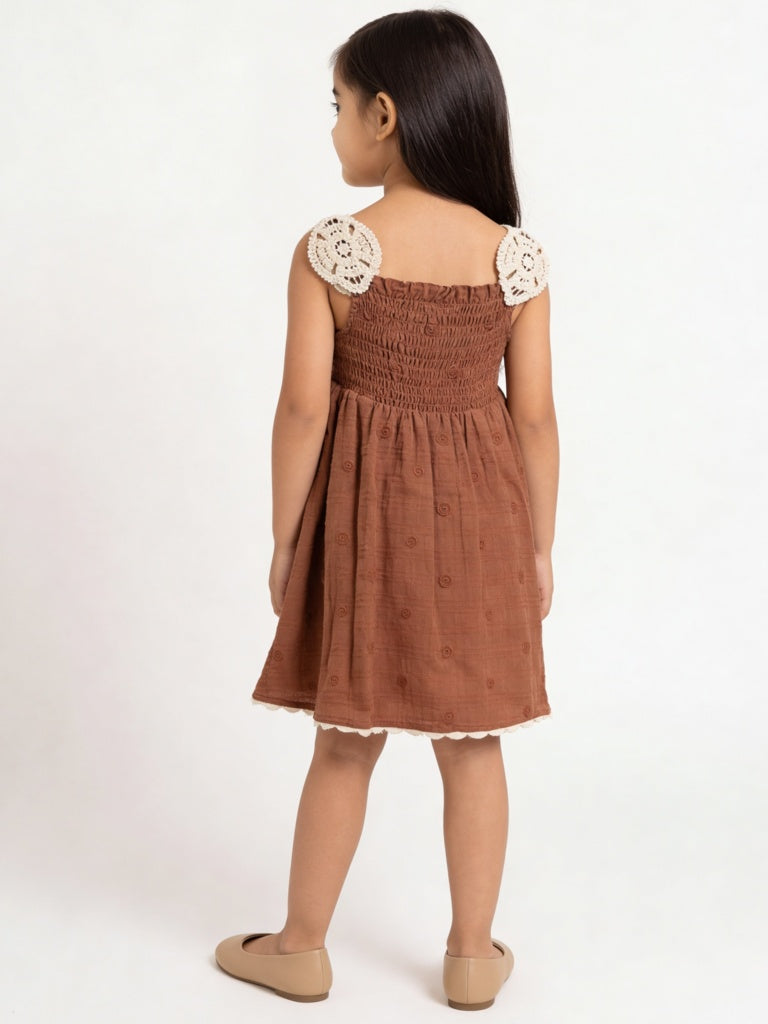 HOP Kids Girls Brown Embroidered Cotton A-Line Dress