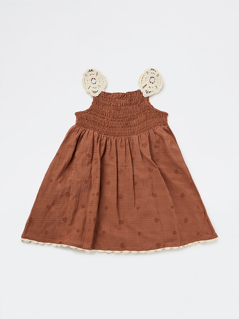 HOP Kids Girls Brown Embroidered Cotton A-Line Dress