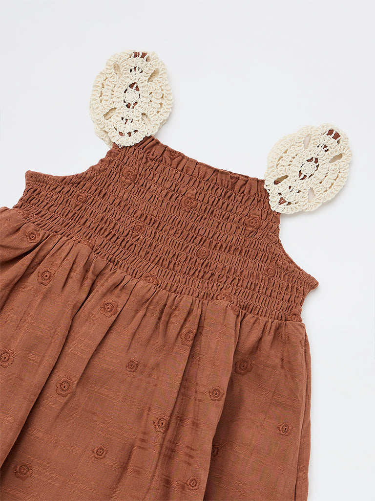 HOP Kids Girls Brown Embroidered Cotton A-Line Dress