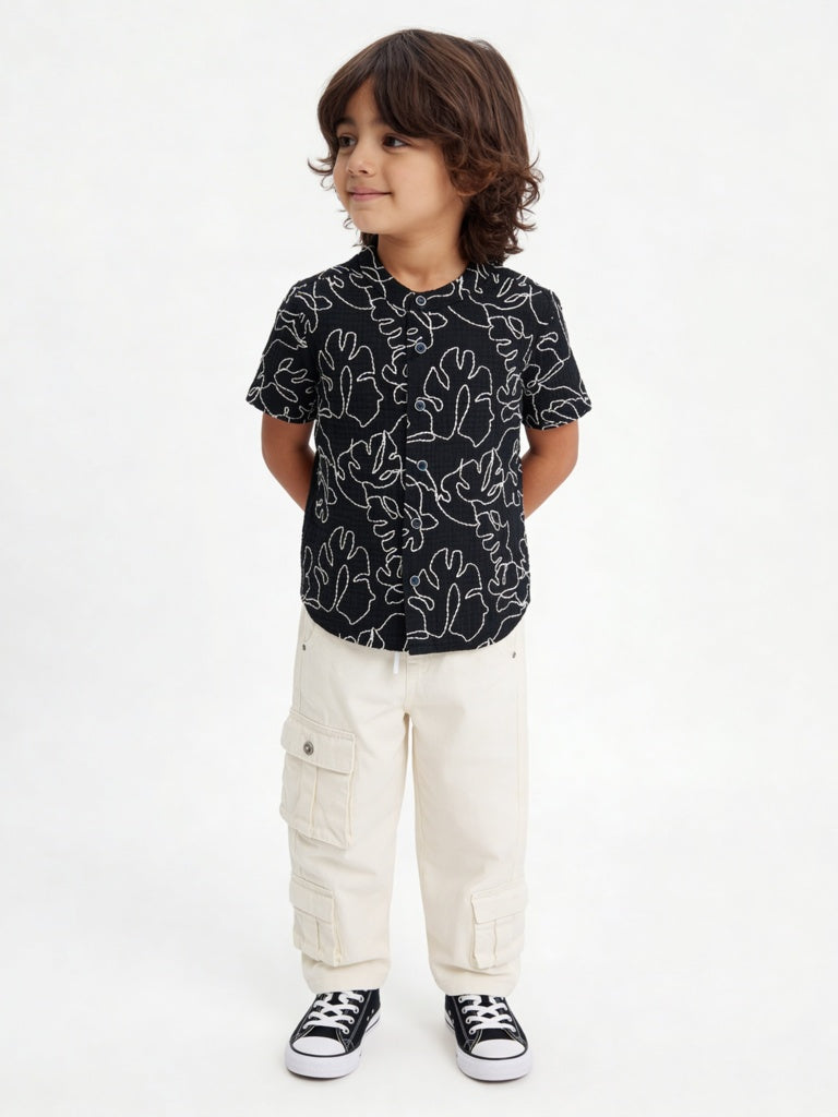 HOP Kids Boys Black Embroidered Cotton Shirt