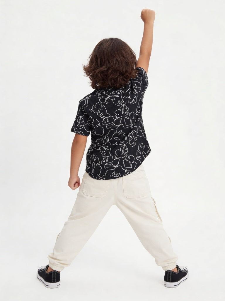 HOP Kids Boys Black Embroidered Cotton Shirt