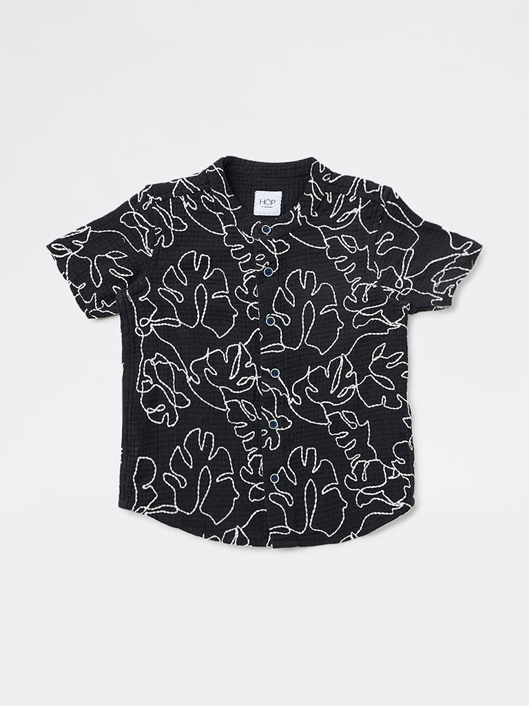 HOP Kids Boys Black Embroidered Cotton Shirt