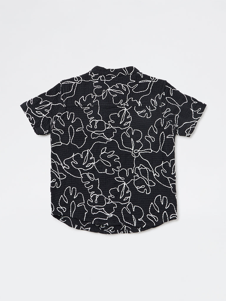HOP Kids Boys Black Embroidered Cotton Shirt
