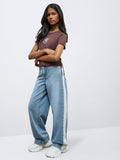 Girls Blue Striped High-Rise Relaxed-Fit Jeans
