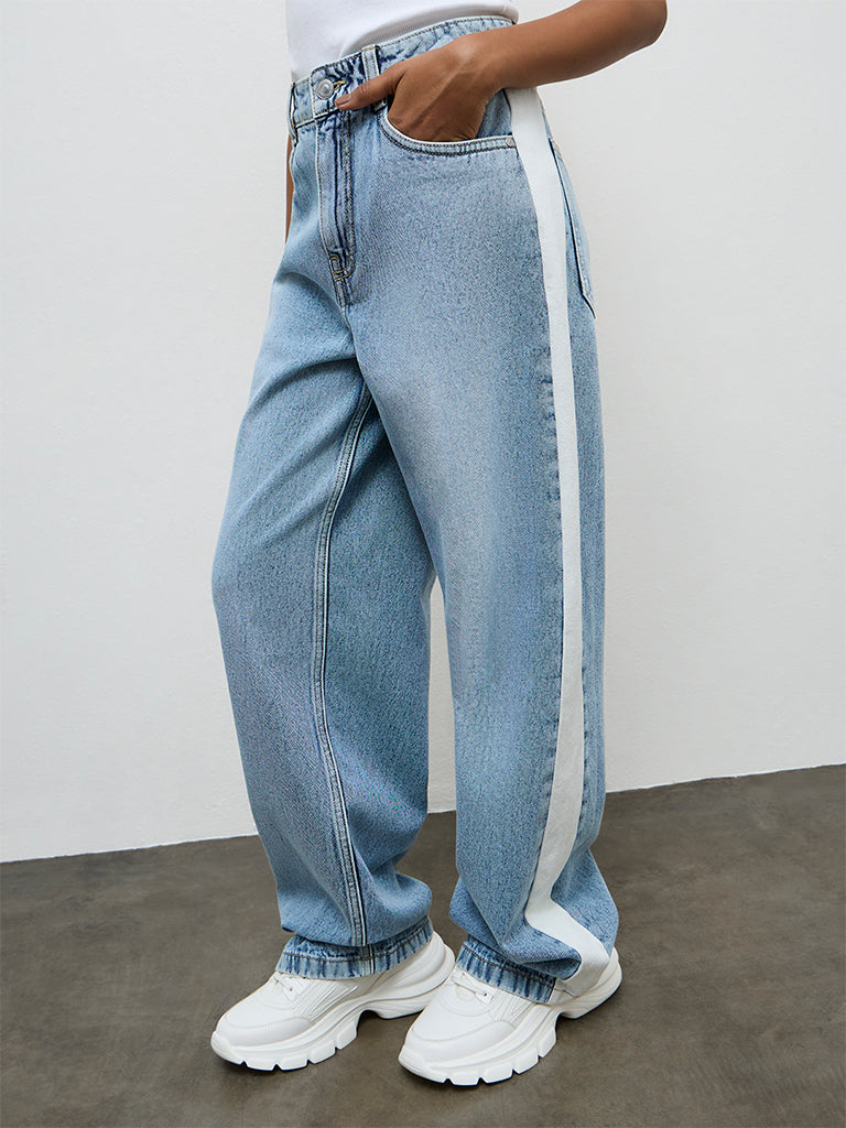 Girls Blue Striped High-Rise Relaxed-Fit Jeans