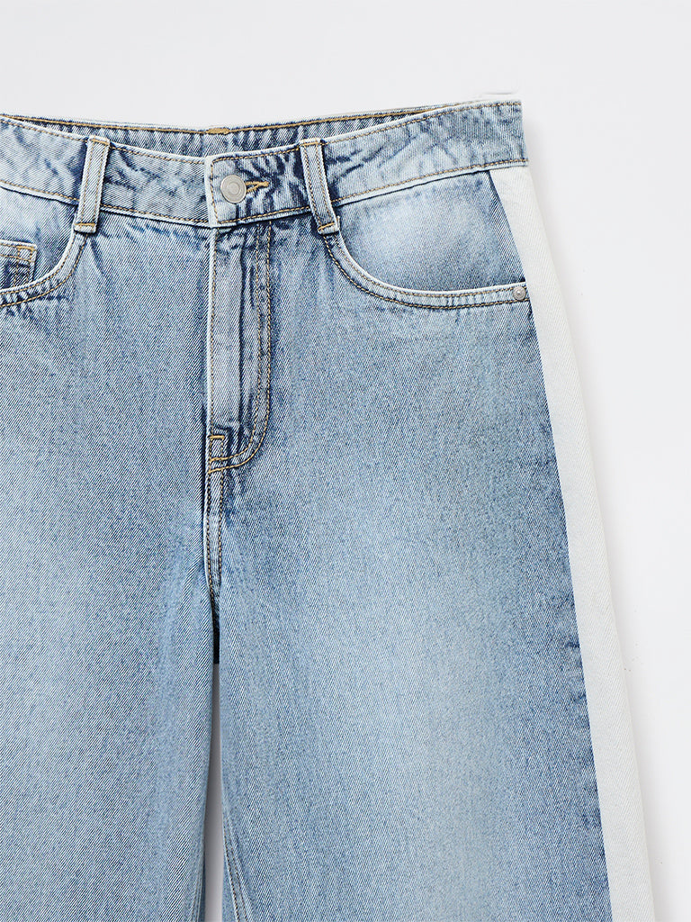 Girls Blue Striped High-Rise Relaxed-Fit Jeans
