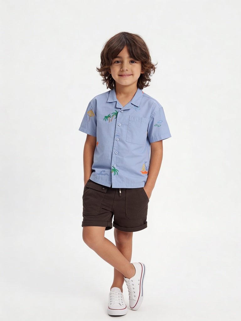 HOP Kids Boys Blue Beach Embroidered Cotton Shirt