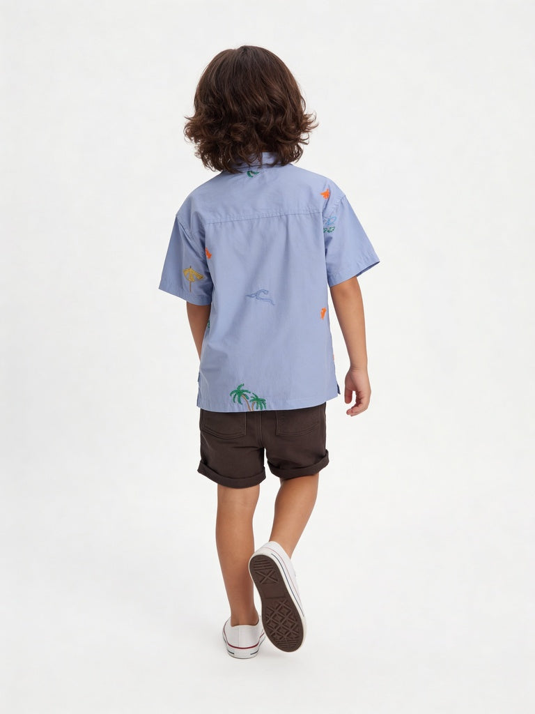 HOP Kids Boys Blue Beach Embroidered Cotton Shirt