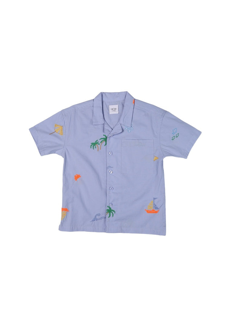 HOP Kids Boys Blue Beach Embroidered Cotton Shirt