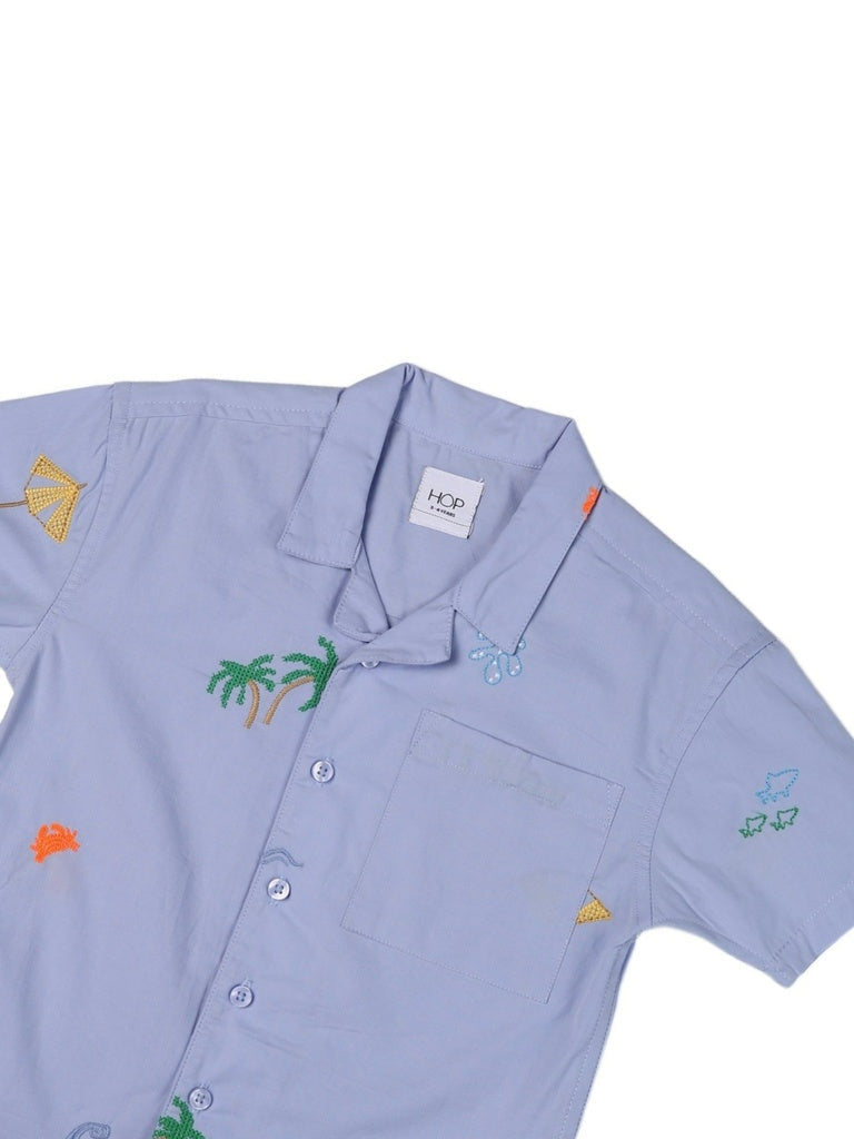 HOP Kids Boys Blue Beach Embroidered Cotton Shirt