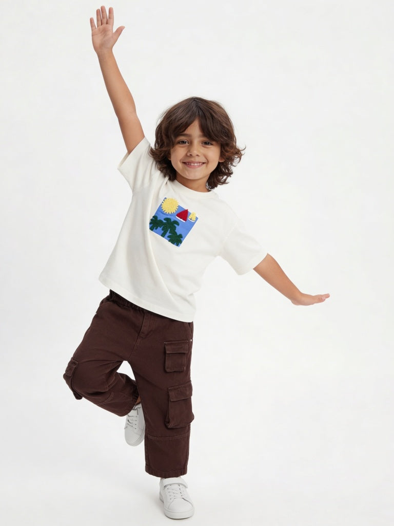 HOP Kids Boys White Embroidered Cotton T-Shirt