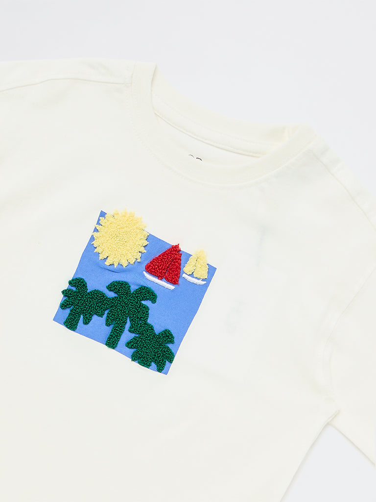 HOP Kids Boys White Embroidered Cotton T-Shirt
