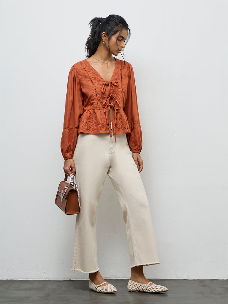 LOV Rust Floral Embroidered Top