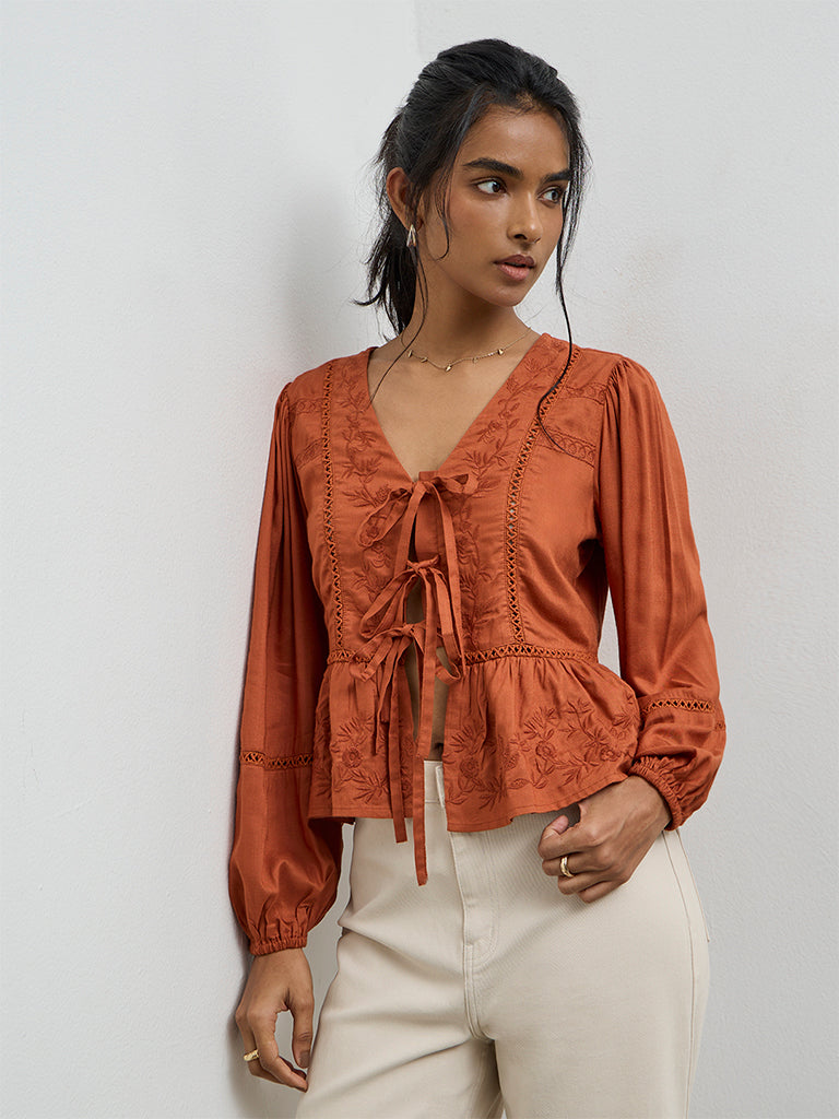 LOV Rust Floral Embroidered Top